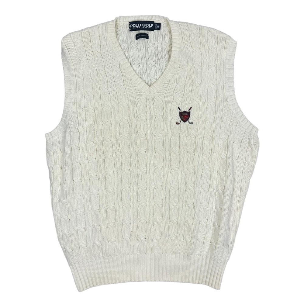 Vtg Polo Ralph Lauren Golf Club Crest Shield V-Neck Cable Knit Sweater Vest Sz M